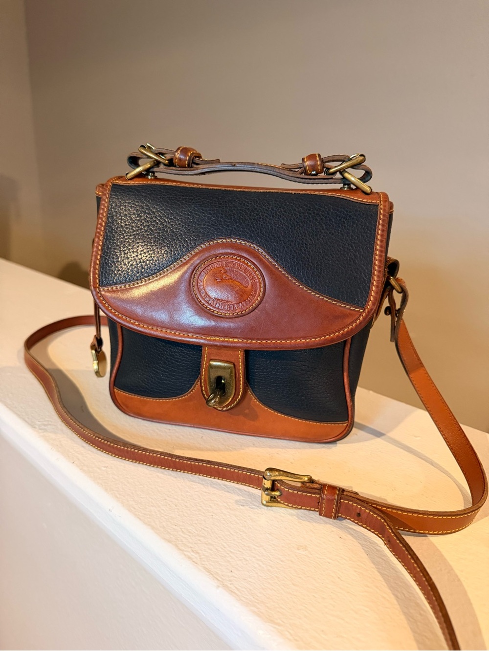 Vintage Dooney & Bourke P703 AWL Square Carrier Navy Blue Brown Leather